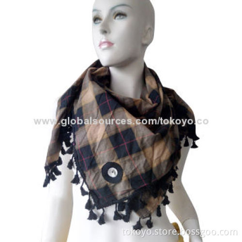 Cotton square scarf with checkered pattern, yarn dyed, printed, 120*120cm size, lace and tassels